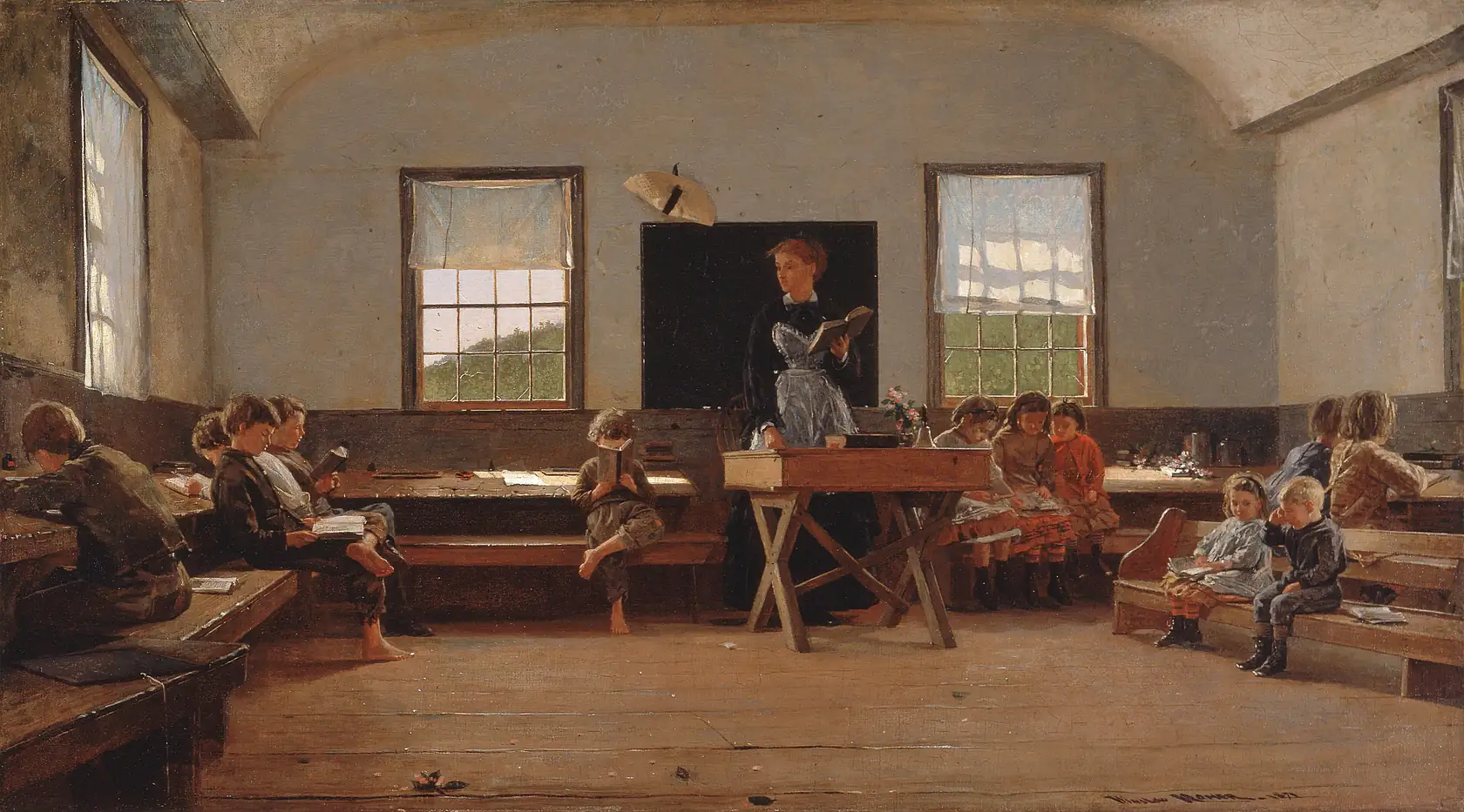 A teacher and her pupils in a one-room schoolhouse