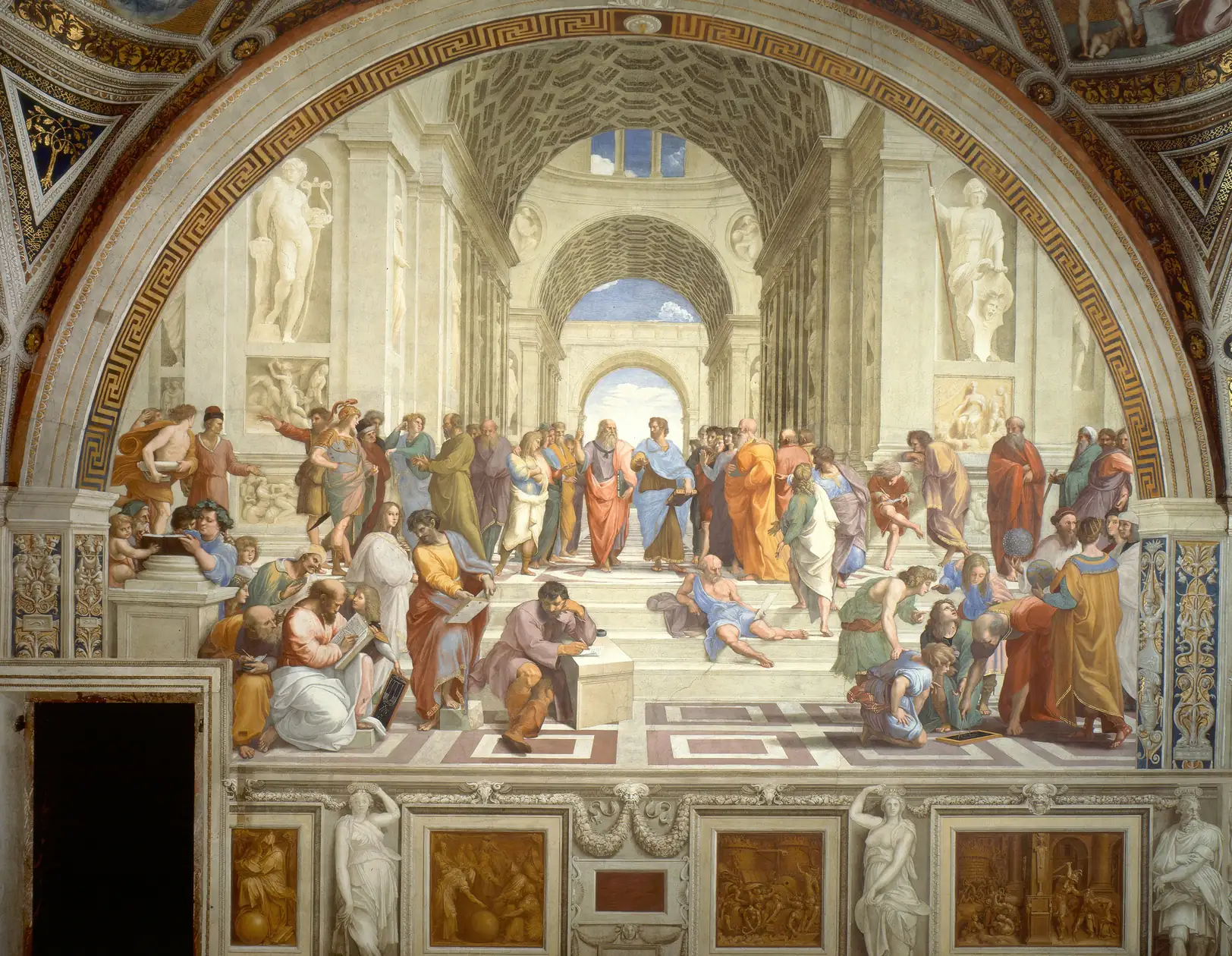 Philosophers and mathematicians gathered in a vast arched hall