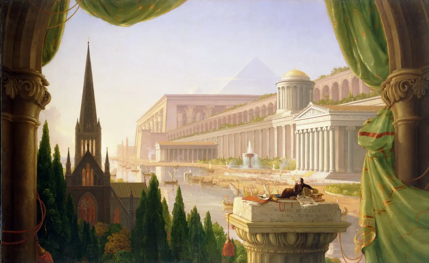 An architect reclining on a giant column, looking over temples from every era