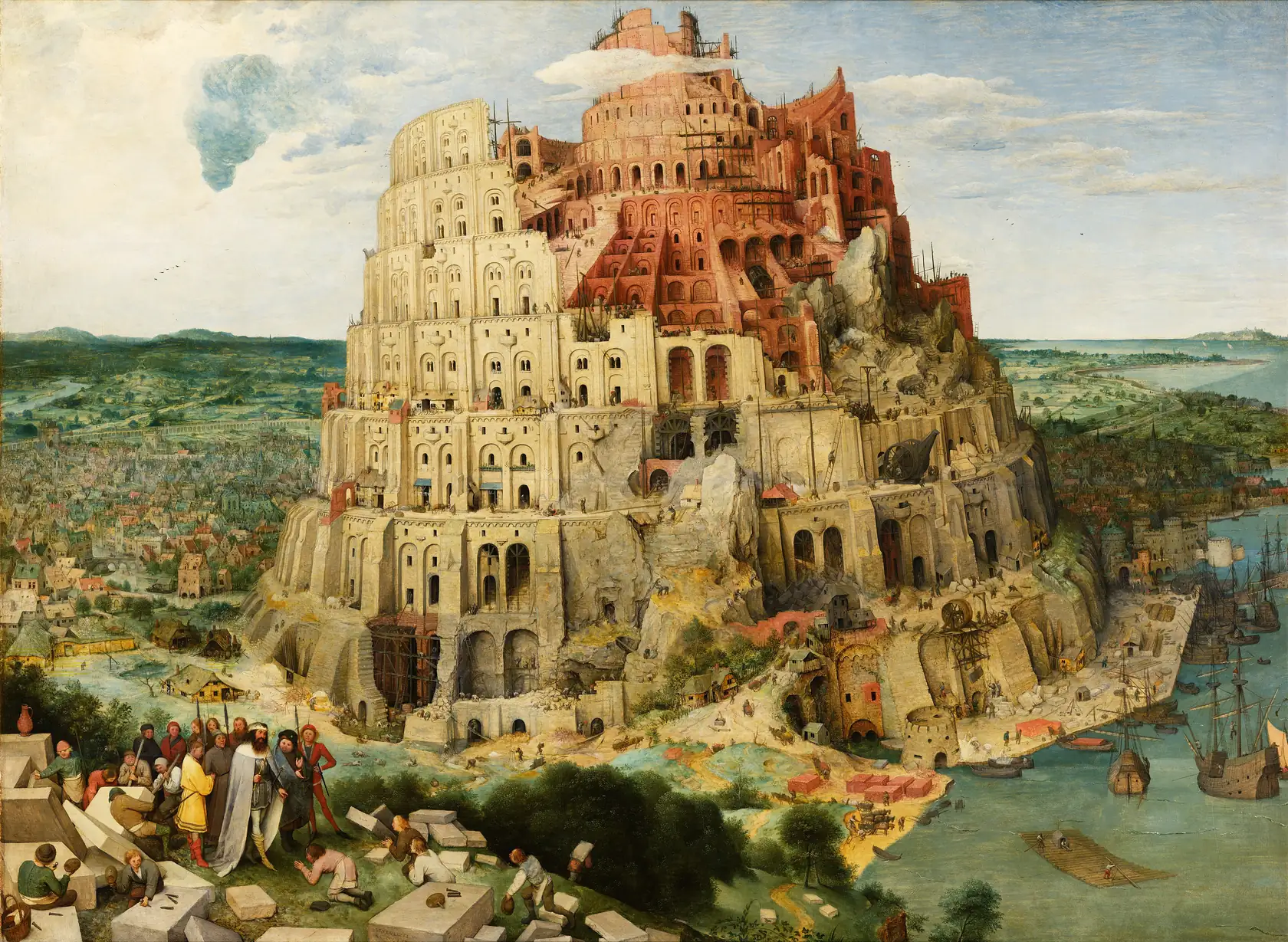 A colossal half-built tower rising over a harbour town