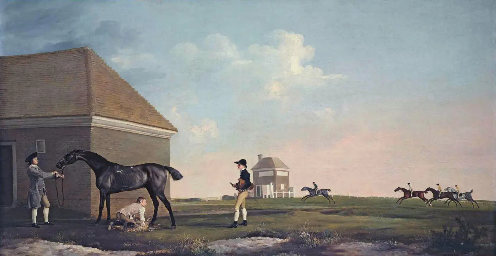 A racehorse with its jockey and trainer on an open heath