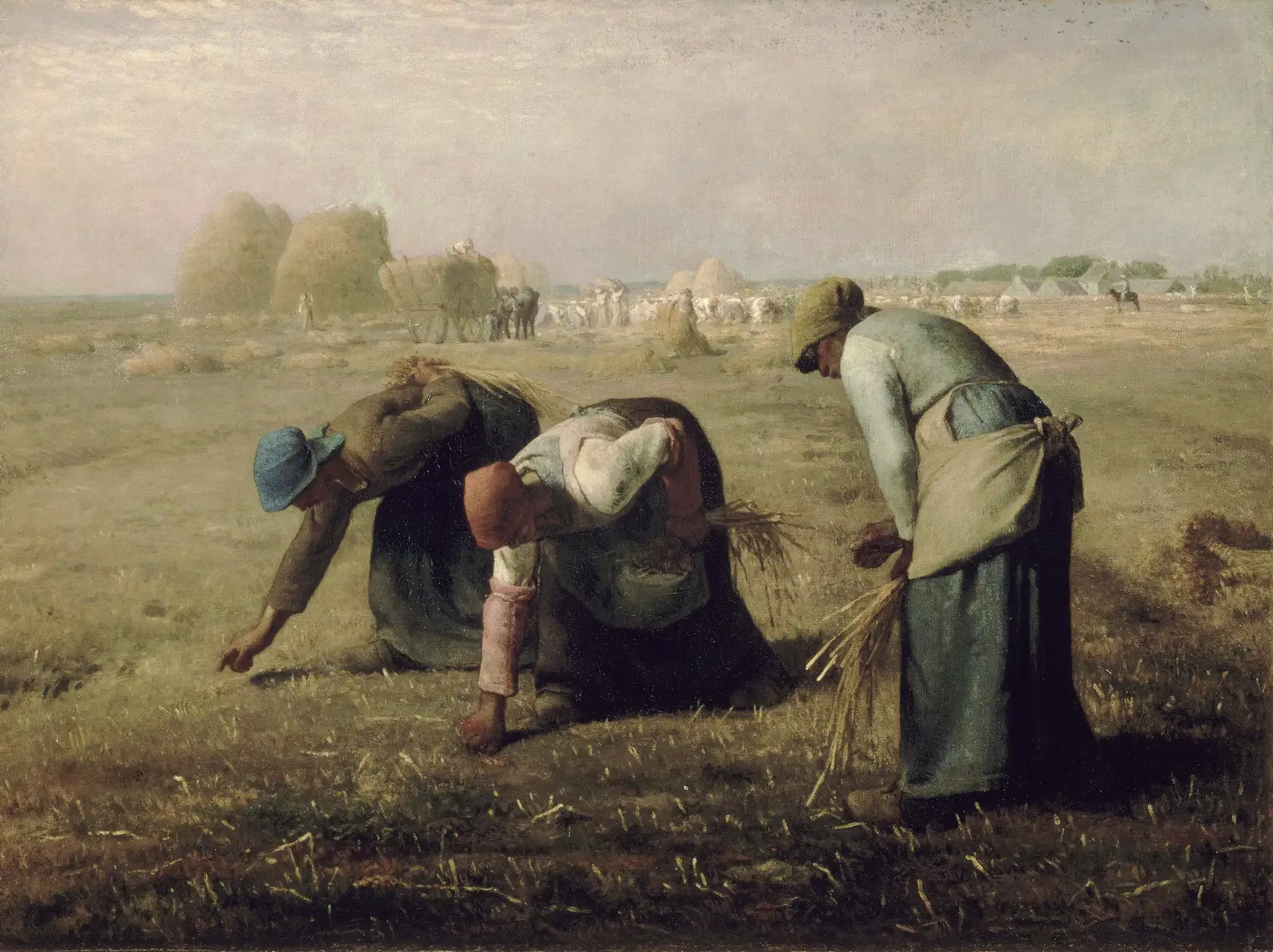 Three women bending to pick up the last grain left in a harvested field