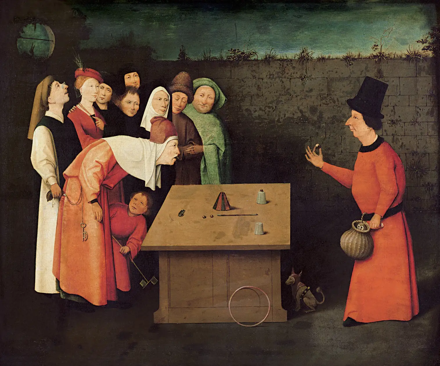 A conjurer performing a cup trick while a pickpocket robs a spectator
