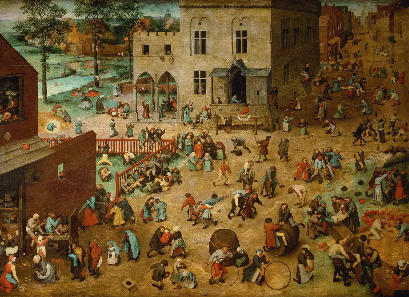 A town square full of children playing dozens of different games