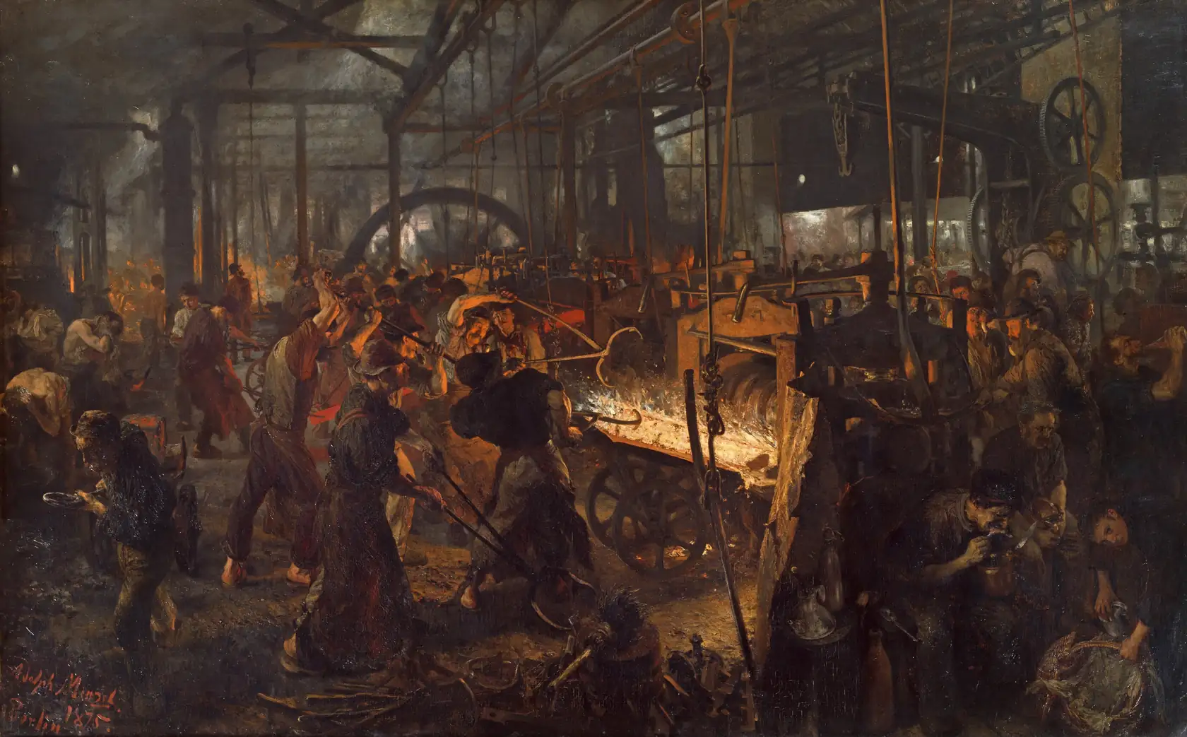Workers hauling glowing iron through a smoky rolling mill