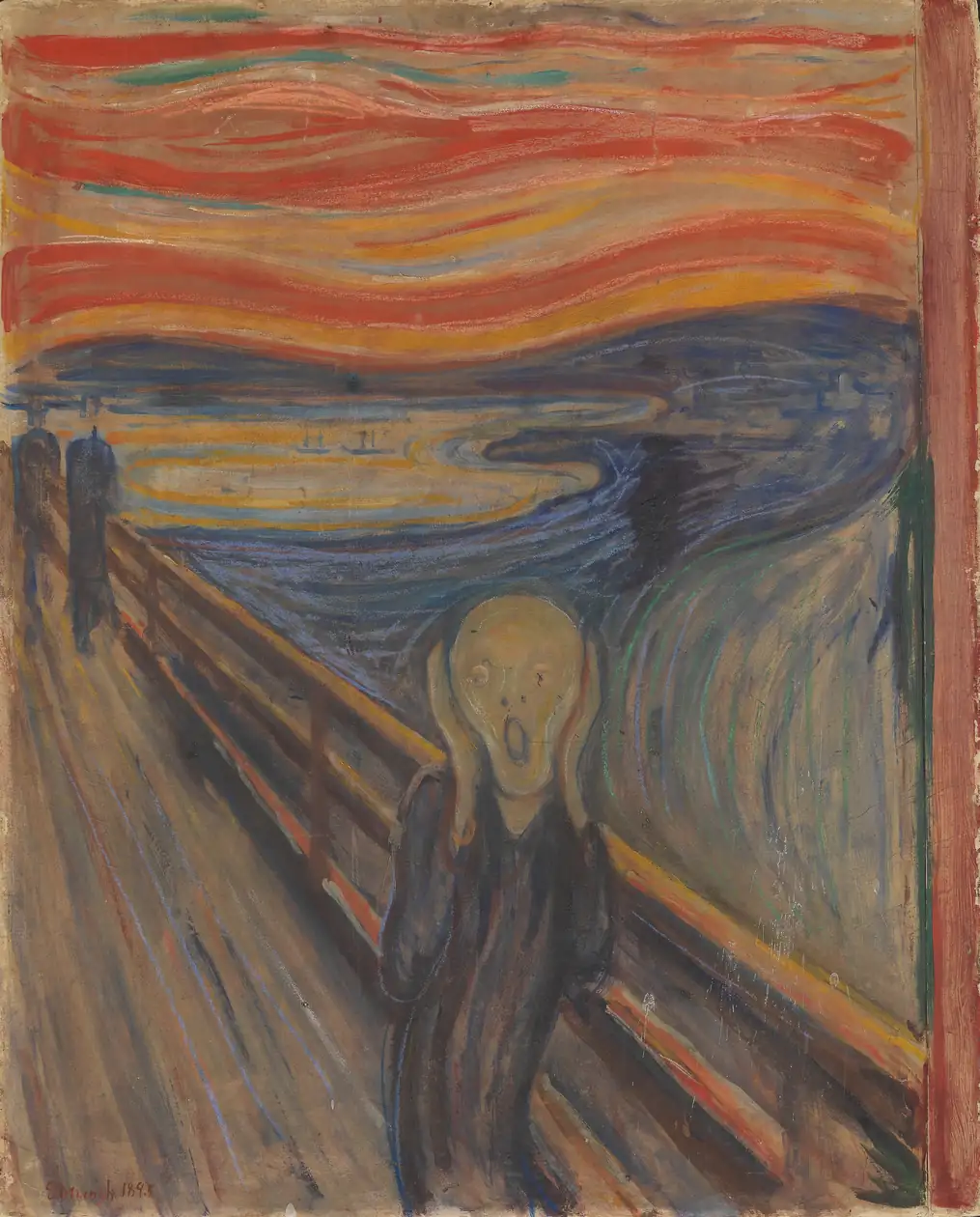 A figure on a bridge clutching its face under a swirling orange sky