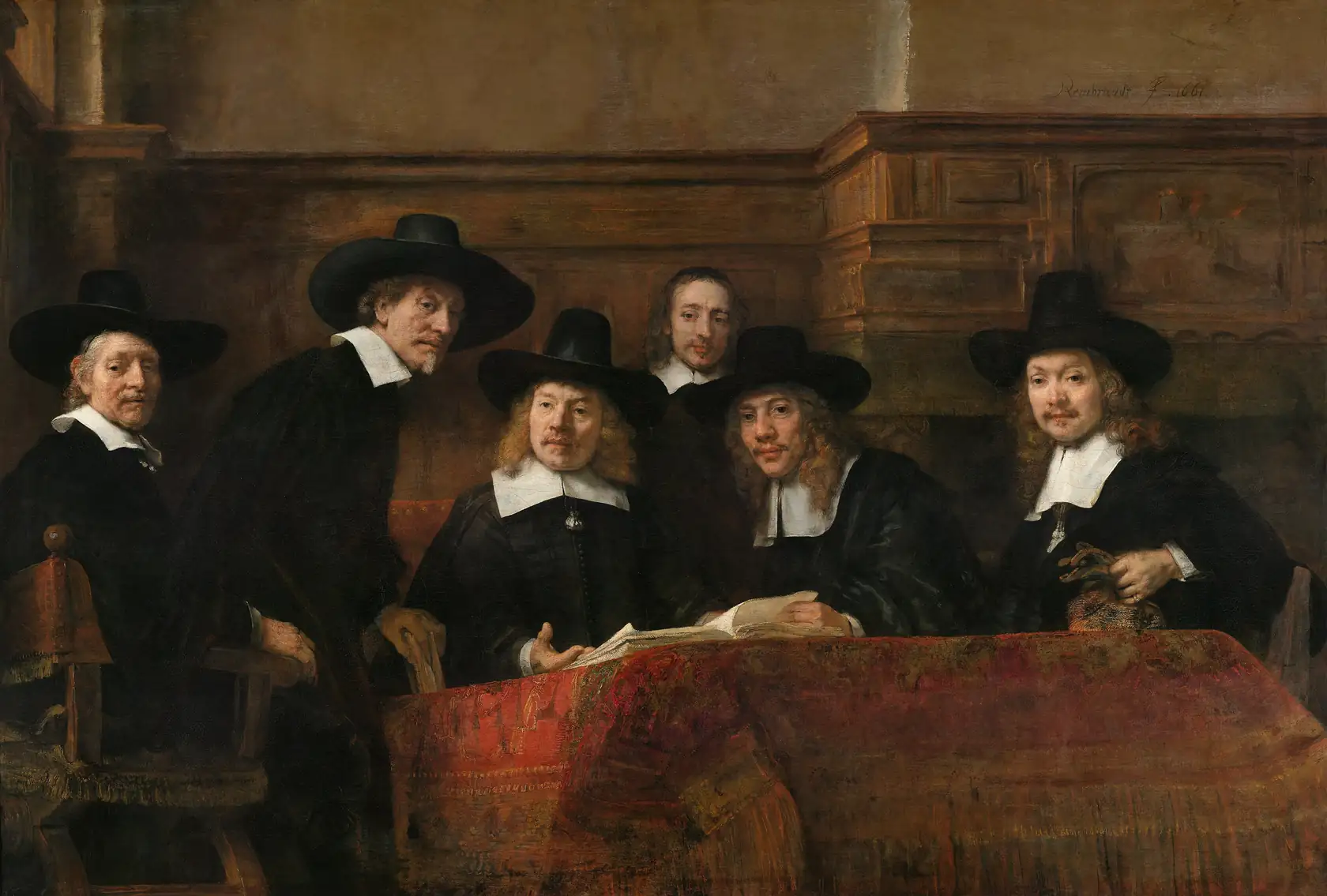 Five guild officials at a table looking up as if someone has just walked in