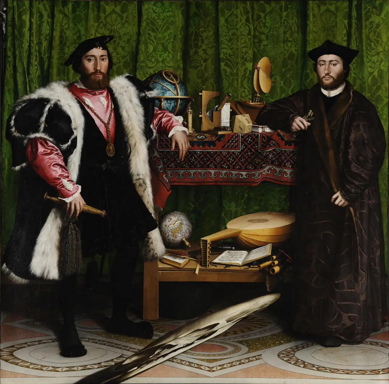Two ambassadors beside a table of instruments, with a distorted skull across the floor