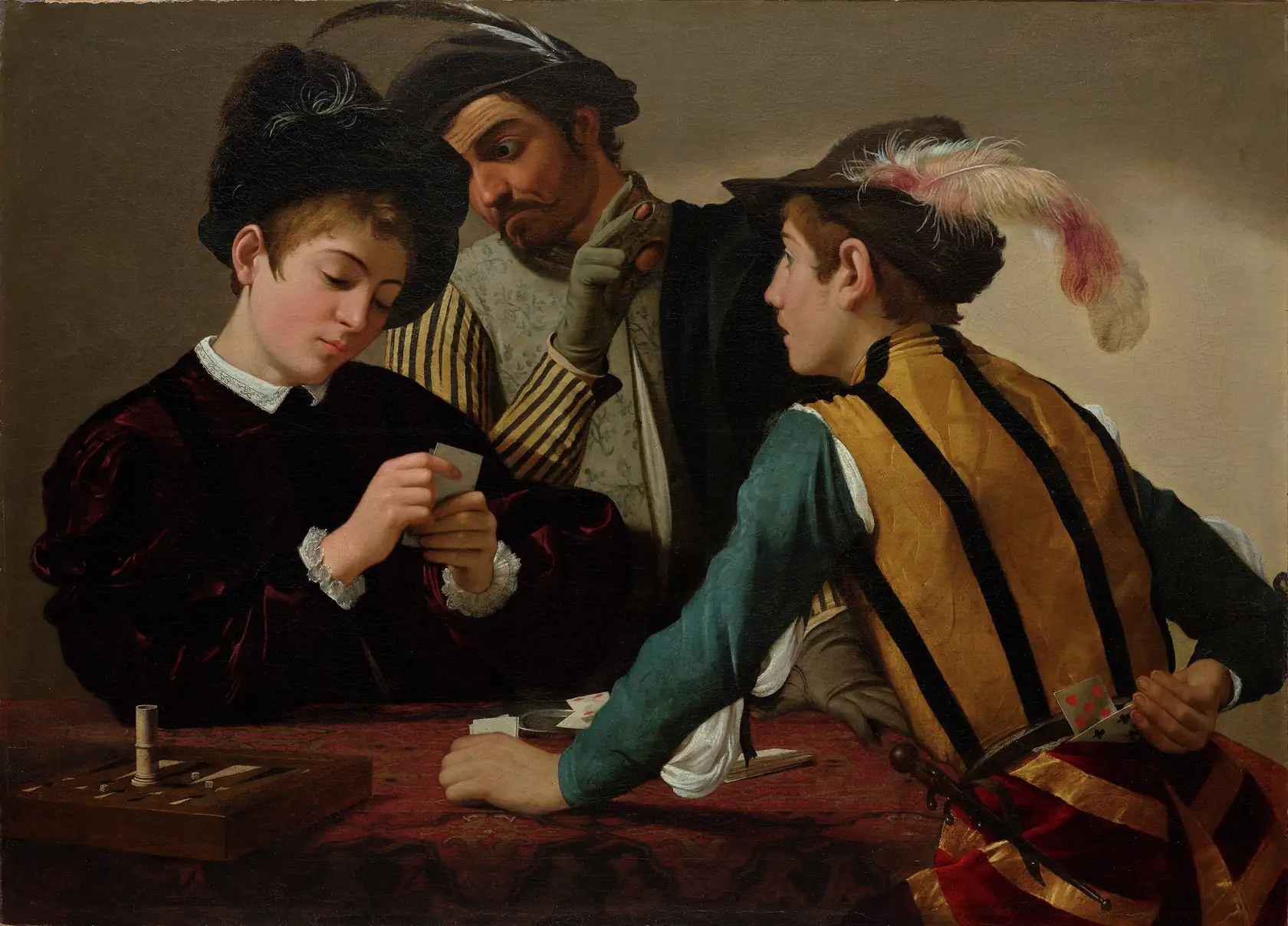 A young man playing cards while a cheat signals his partner